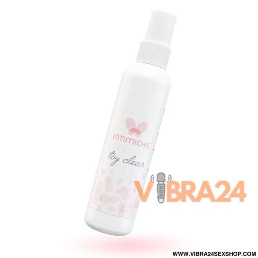 Frasco branco de spray com logo de borboleta rosa e texto intímichic toy clear limpador desinfetante 150 ml vibra24 sexshop loja erótica