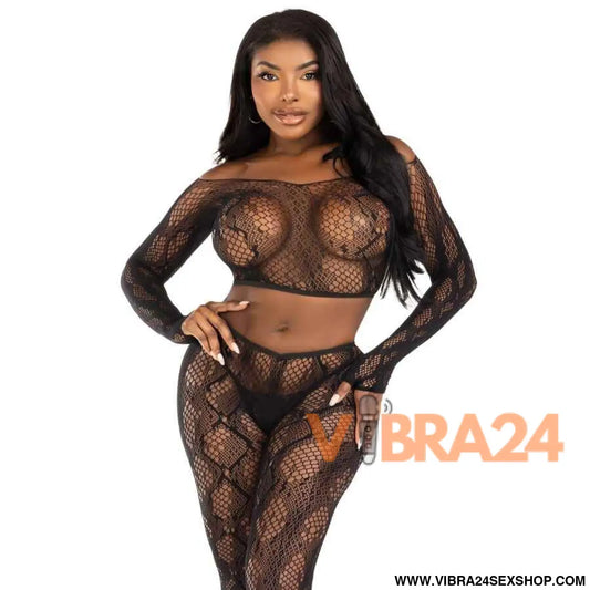 LEG AVENUE - 89373 TOP CROPPED COM ESTAMPA DE PYTHON E MEIA-CALÇA SEM PÉ PRETA - TAMANHO ÚNICO