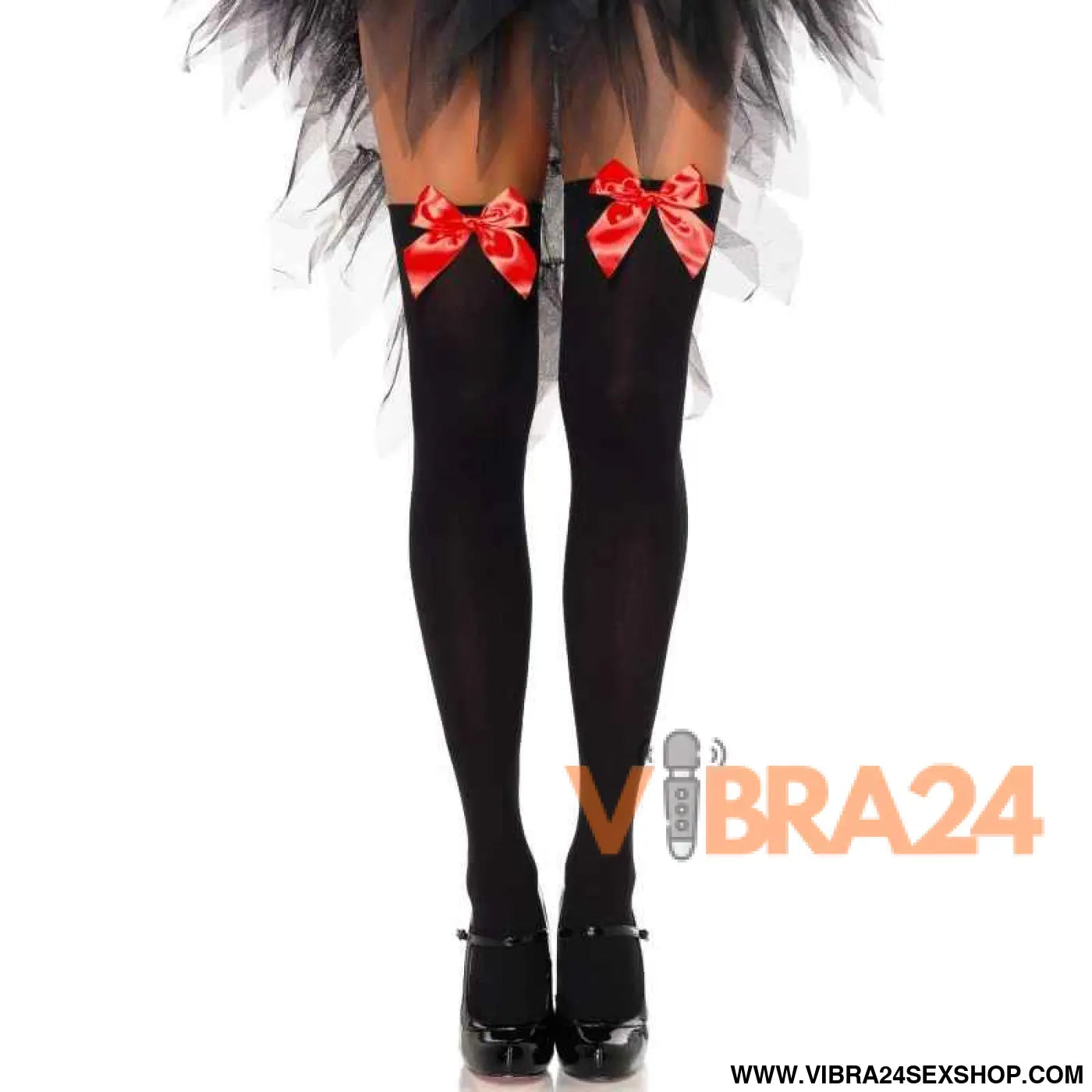 LEG AVENUE - COXAS EM NYLON PRETO COM LAO VERMELHO TAMANHO ÚNICO