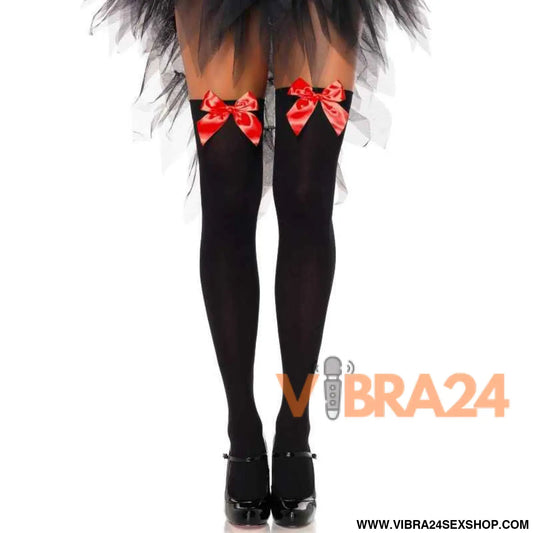 LEG AVENUE - COXAS EM NYLON PRETO COM LAO VERMELHO TAMANHO ÚNICO