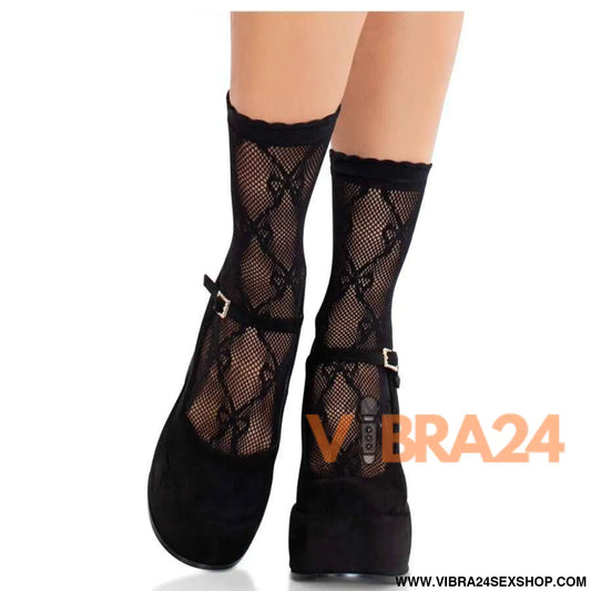 LEG AVENUE - MEIAS DE RENDA PRETA COM LAÇO