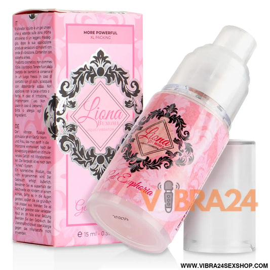 Frasco translúcido rosa com design preto ornamentado e pump branco do gel euforia liona by moma para sexshop vibra24 loja erotica