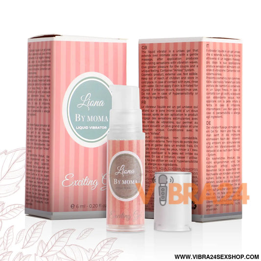 Embalagem rosa às riscas e frasco correspondente com gel vibrador líquido rosa liona by moma na vibra24 sexshop loja erotica