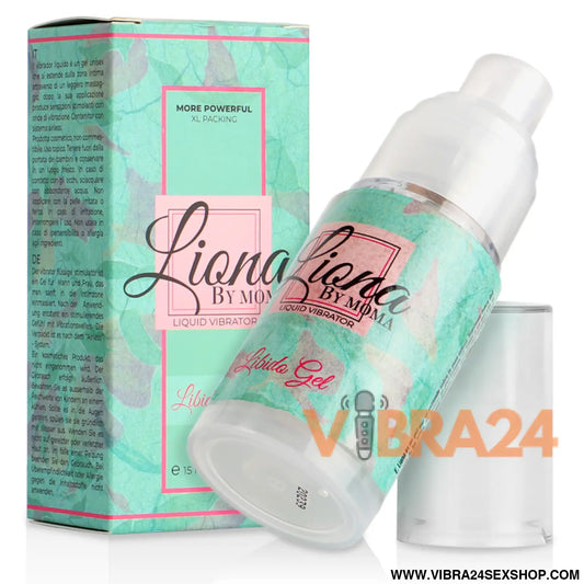 Lionna by moma liquid vibrator libido gel 15 ml em frasco gel translúcido azul esverdeado com branco e marcação rosa vibra24 sexshop loja erotica