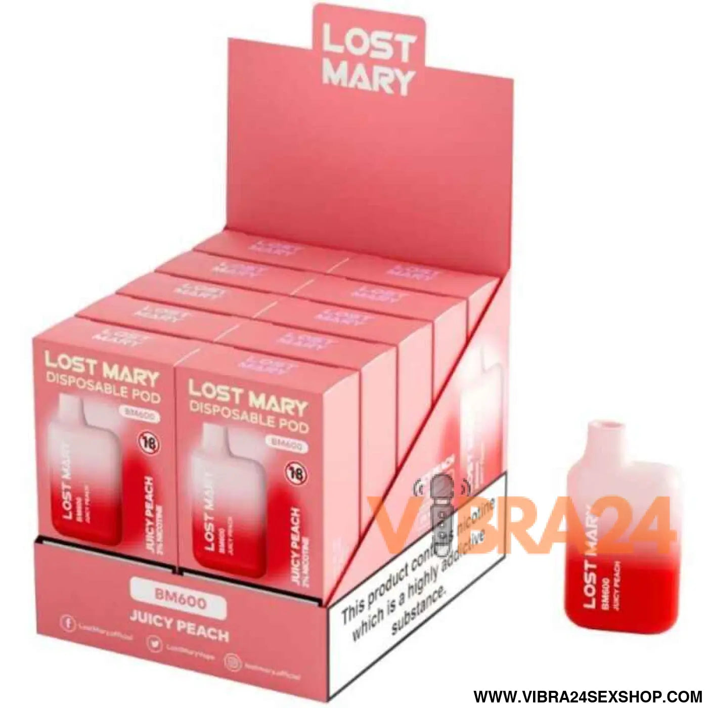 LOST MARY - (EXPOSITOR PROFESSIONAL PACK -10 UNIDADES) BM600 NICOTINE VAPER 2% DESCARTÁVEL JUICY PEACH