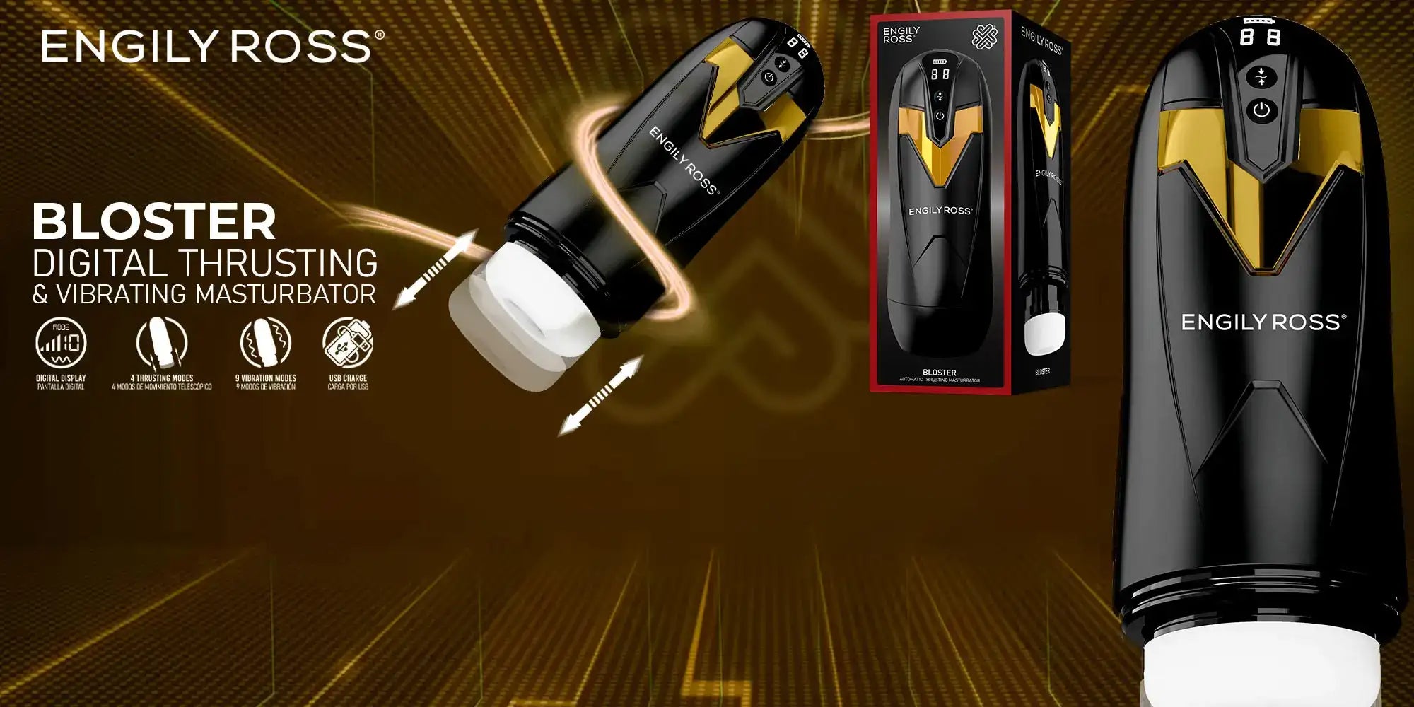 Masturbador digital com vibração e impulso, engily ross bloster, em preto e dourado, com um design elegante e ergonómico.