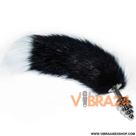 Metal Spiral Butt Plug with Black and White Fox Tail