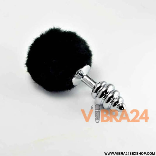 Metal Spiral Butt Plug with Black Pompon