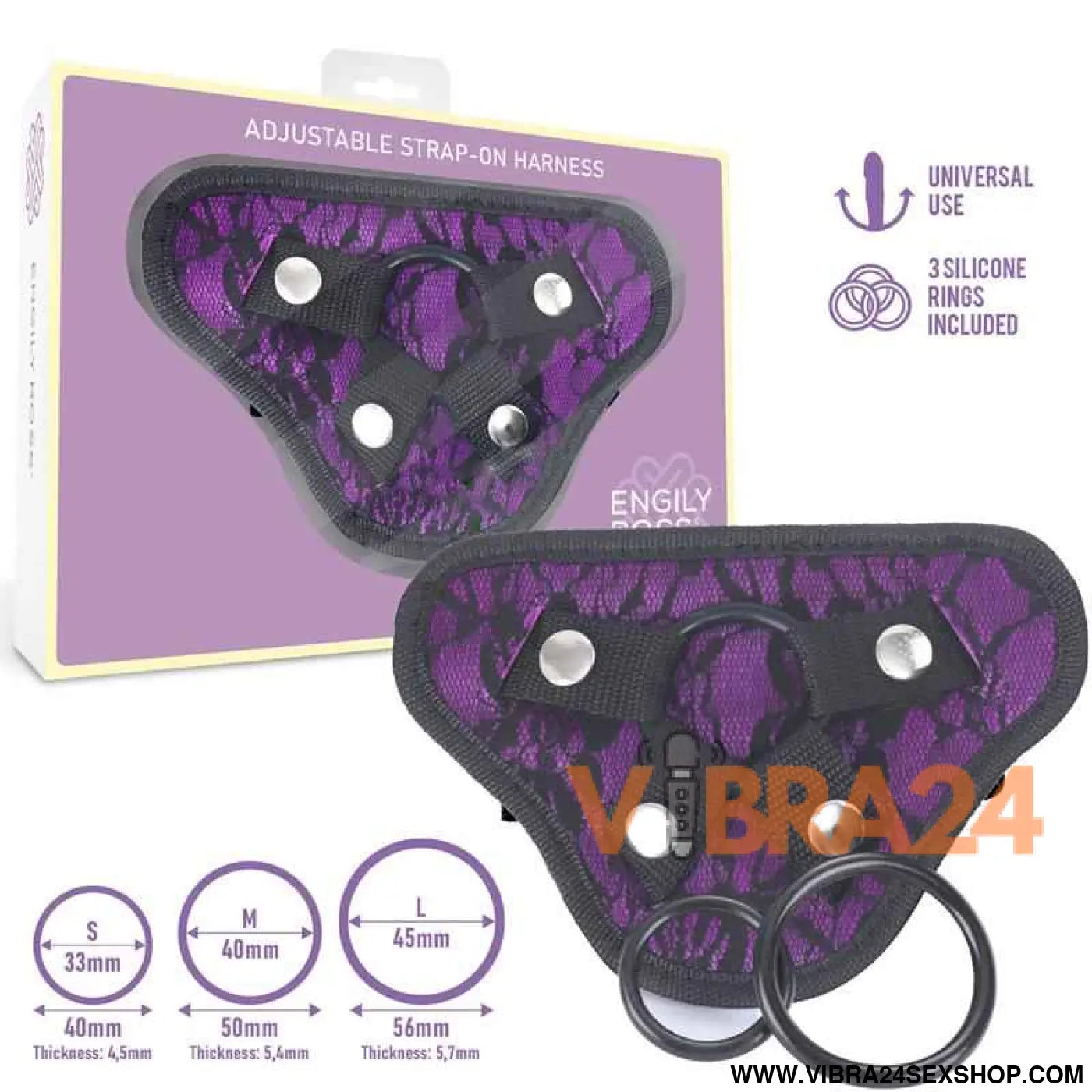 Miley Universal Adjustable Harness with 3 Silicone Rings Purple