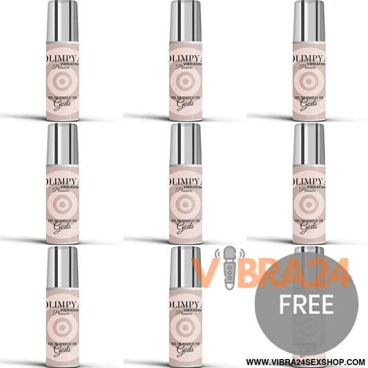 Frascos de perfume rollerball com tampa prateada e etiqueta bege com design de alvo olimpy vibra24 sexshop loja erotica