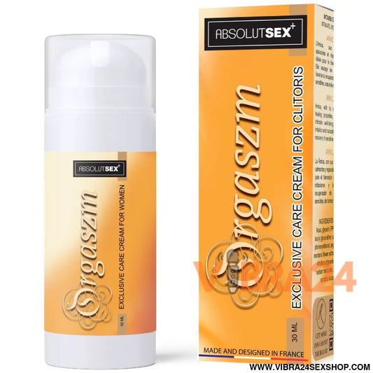 Creme estimulante de clitóris orgaszm 30ml em frasco branco com etiqueta laranja e caixa da vibra24 sexshop loja erotica