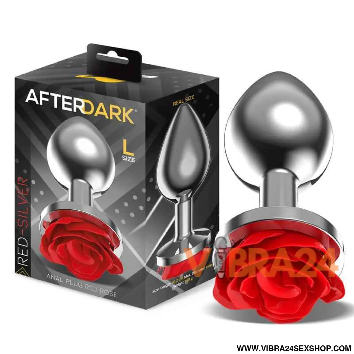 Silver Metal Anal Plug with Red Rose Base Size L