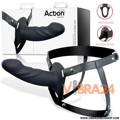 Strap-On Dildo Silicone Preto Premium Tamanho L - Conforto e Estilo com Oco