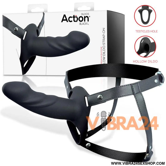 Strap-On Dildo Silicone Preto Premium Tamanho L - Conforto e Estilo com Oco