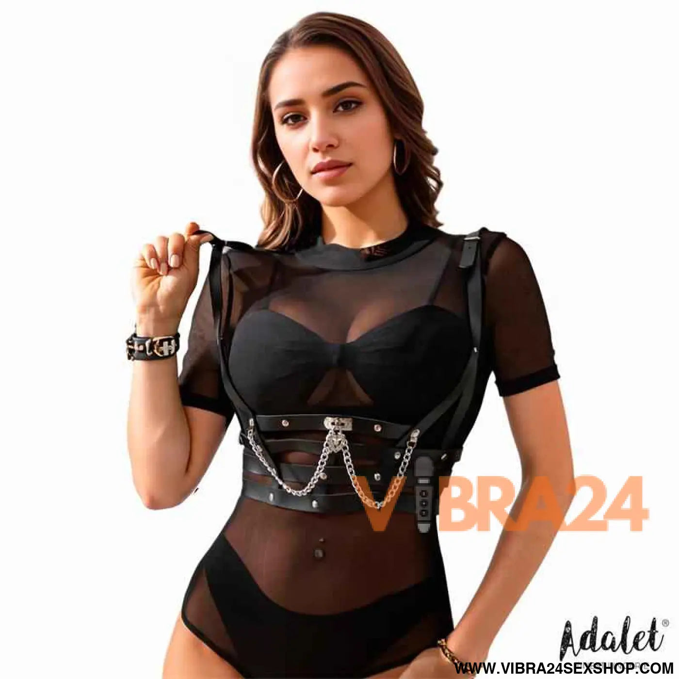 Thalia Vegan Leather Chest Harness with Chain One size
