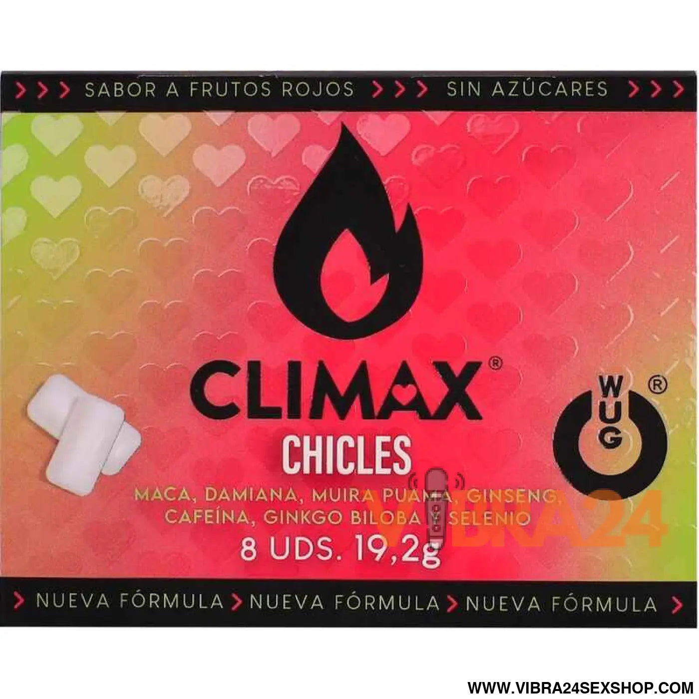 WUG Climax - Goma de mascar funcional com Maca Damiana e Ginseng para aumentar o desejo a vitalidade íntima. Cartela 8