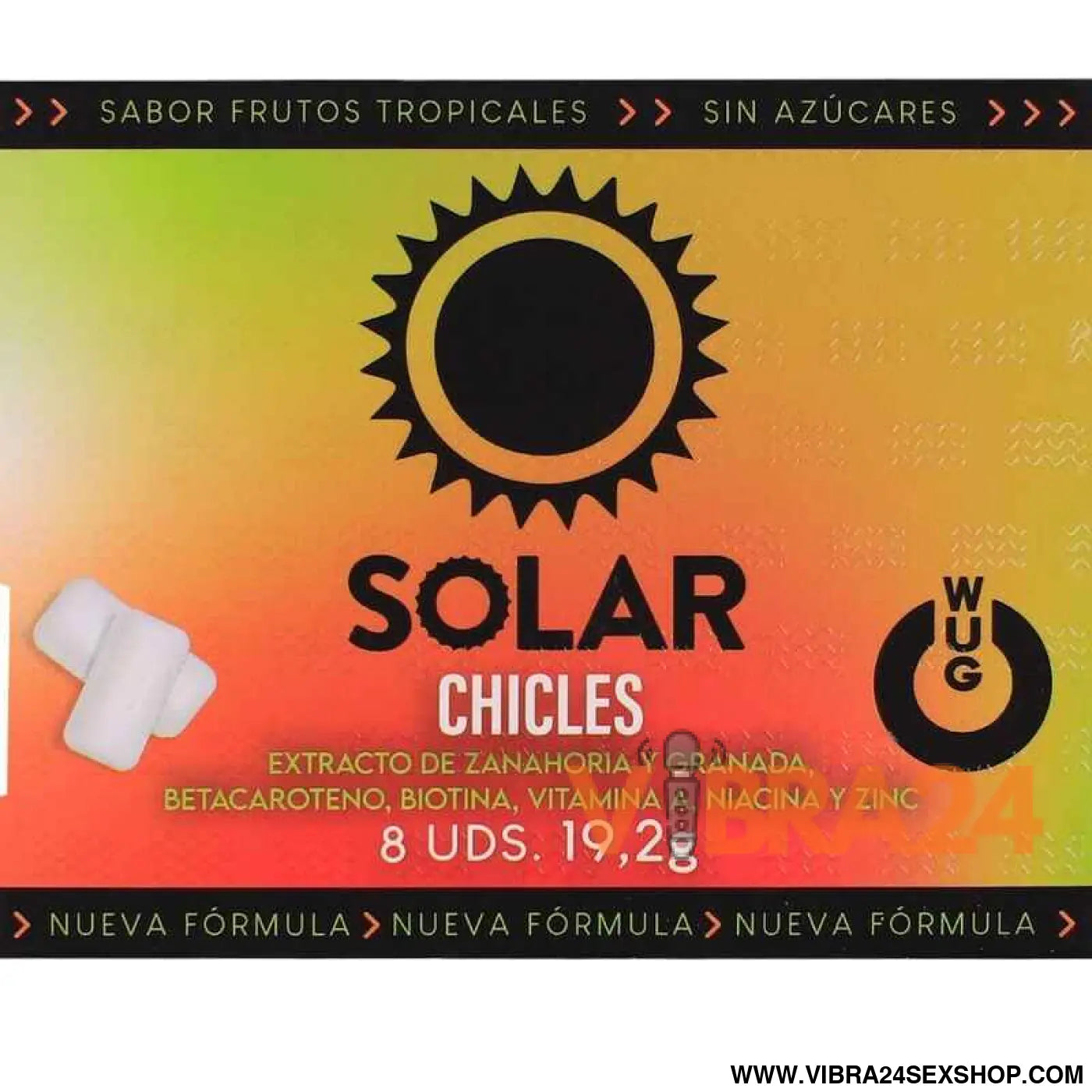 WUG solar - A goma de mascar que prepara sua pele para o sol. Cartela com 8 unidades.